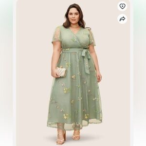 BloomChic Plus Size Overlap Collar Mesh Floral Embroidered Party Dress